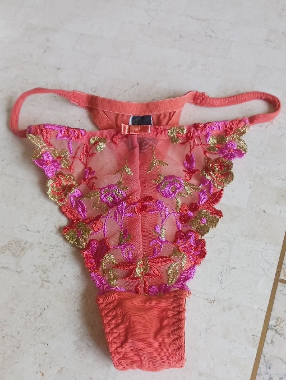 Vintage - thong panty- Sheer Mesh front W/ hand sewn embroidery-florals,SZ Small